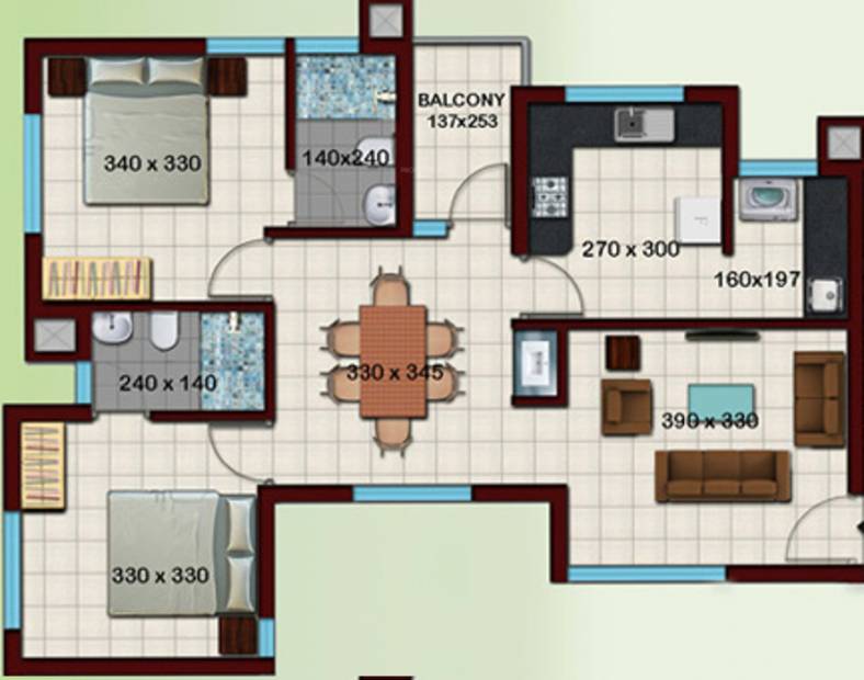 Crescent Builders Iris Floor Plan (2BHK+2T (1,154 sq ft) 1154 sq ft)