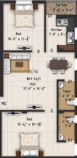 Grand Green Marsh (2BHK+2T (849 sq ft) 849 sq ft)