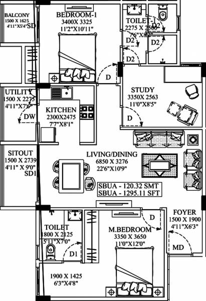 Unishire La Vida (2BHK+2T (1,295 sq ft) 1295 sq ft)