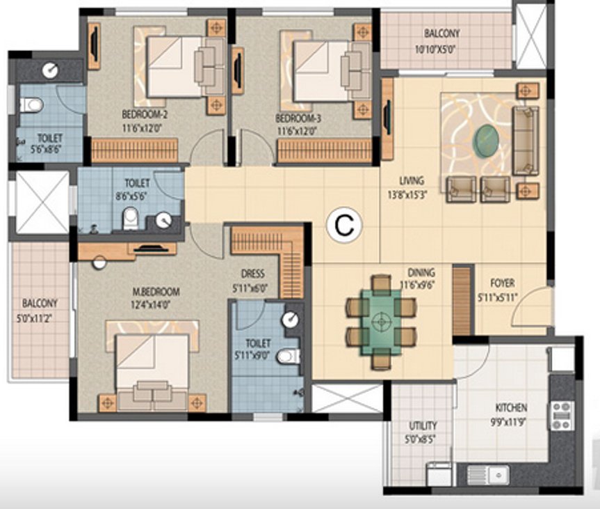 Prestige Sunnyside (3BHK+3T (1,875 sq ft) 1875 sq ft)