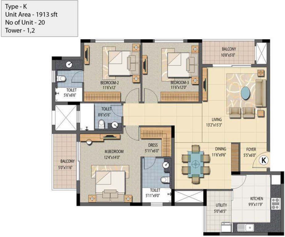 Prestige Sunnyside (3BHK+3T (1,913 sq ft) 1913 sq ft)