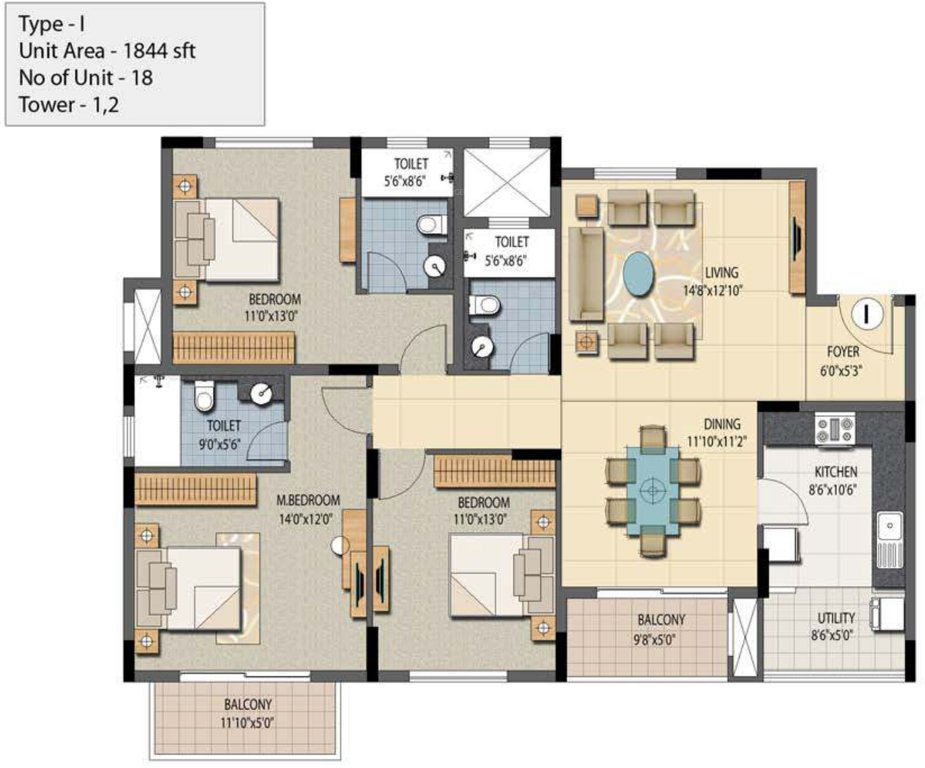 Prestige Sunnyside (3BHK+3T (1,844 sq ft) 1844 sq ft)