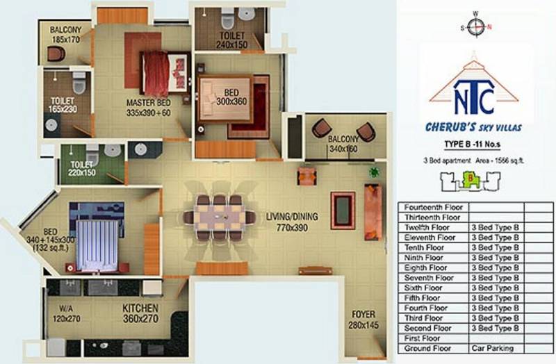 Nutech Cherubs Skyvillas Floor Plan (3BHK+3T (1,566 sq ft) 1566 sq ft)
