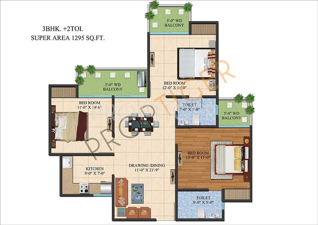 Ajnara Le Garden (3BHK+2T (1,295 sq ft) 1295 sq ft)
