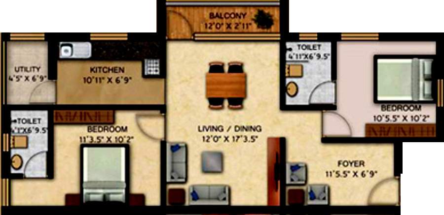 Pearl Symphony (2BHK+2T (1,009 sq ft) 1009 sq ft)