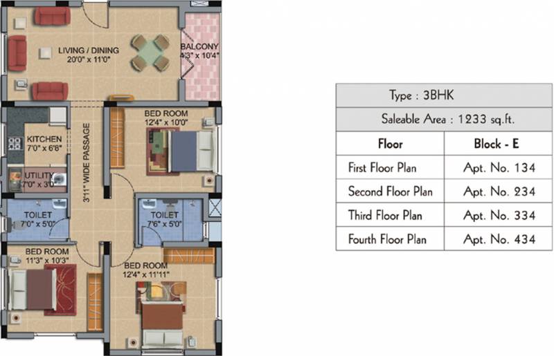 RSK Orchid Garden (3BHK+2T (1,233 sq ft) 1233 sq ft)