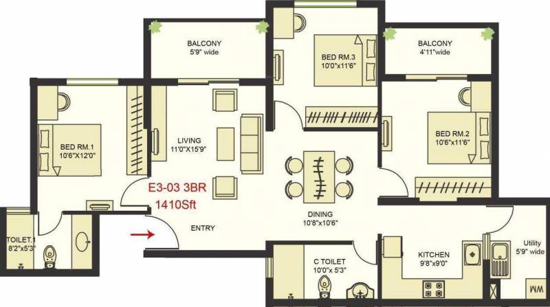 SNN Raj Serenity Phase 2 (3BHK+2T (1,410 sq ft) 1410 sq ft)