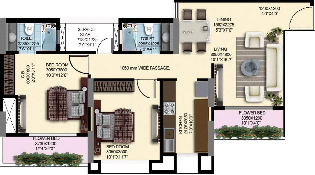 Nahar Water Lily And White Lily (2BHK+2T (1,105 sq ft) 1105 sq ft)