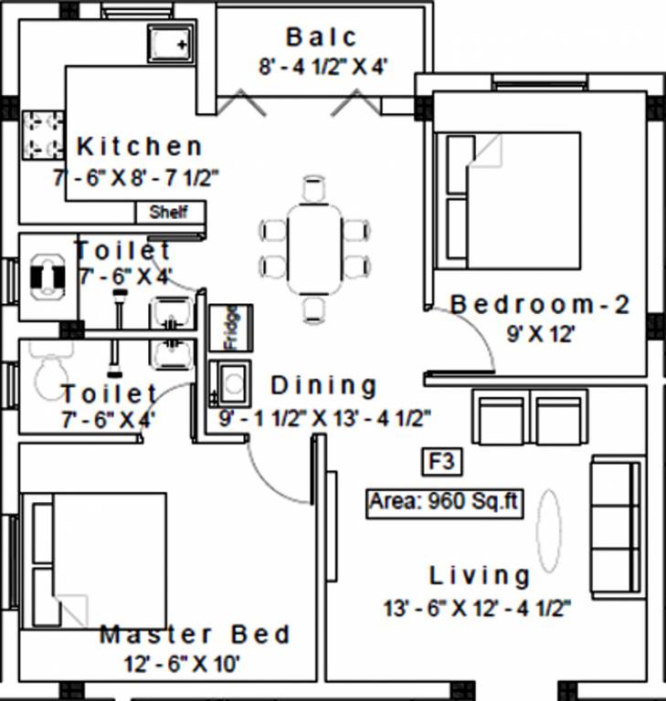 TTE Kavyam (2BHK+2T (960 sq ft) 960 sq ft)