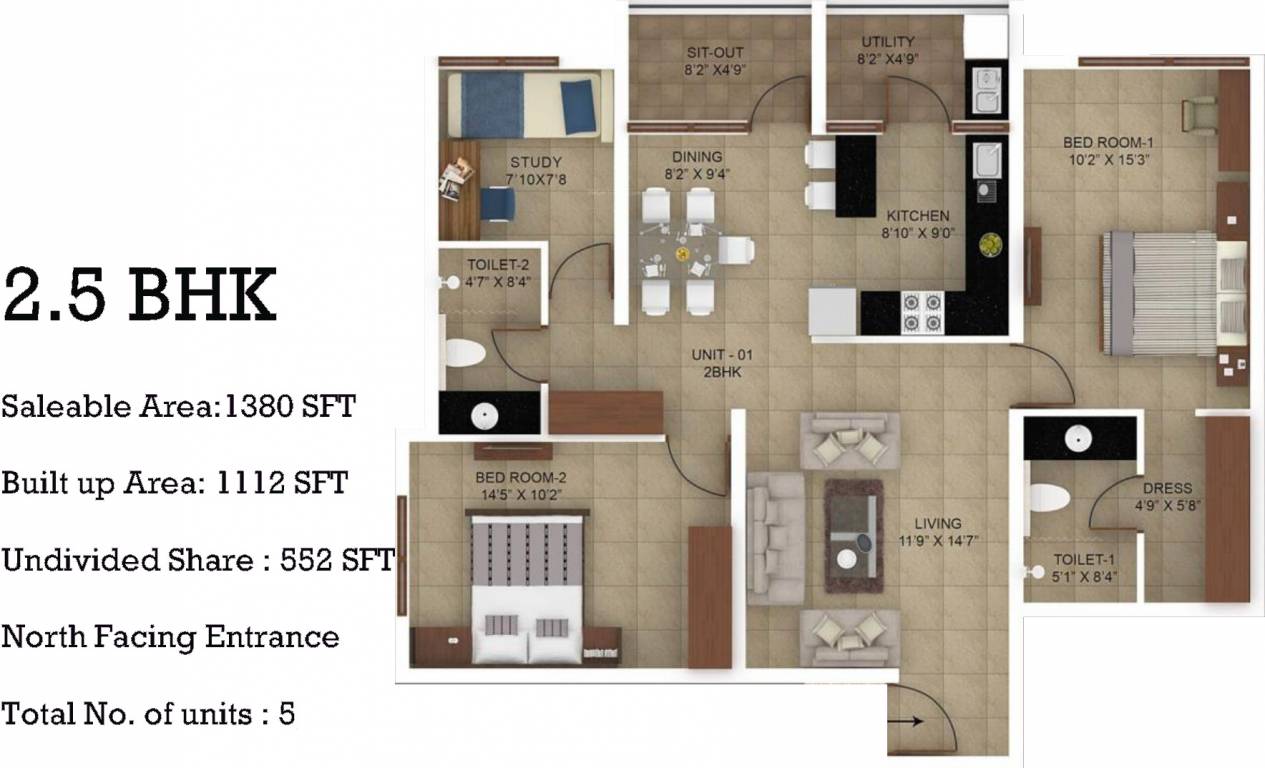 Greystone Mirror On Water (2BHK+2T (1,380 sq ft)   Study Room 1380 sq ft)