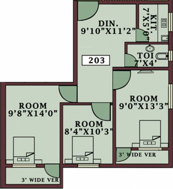 Parivar Enclave Renovia Floor Plan (3BHK+1T (835 sq ft) 835 sq ft)