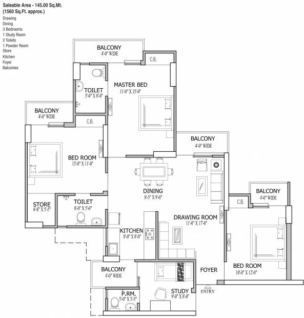 Gaursons 1st Avenue (3BHK+2T (1,560 sq ft) 1560 sq ft)