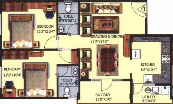 Abhee Builders Vasudhaa Raja Gruha Floor Plan (2BHK+2T (972 sq ft) 972 sq ft)