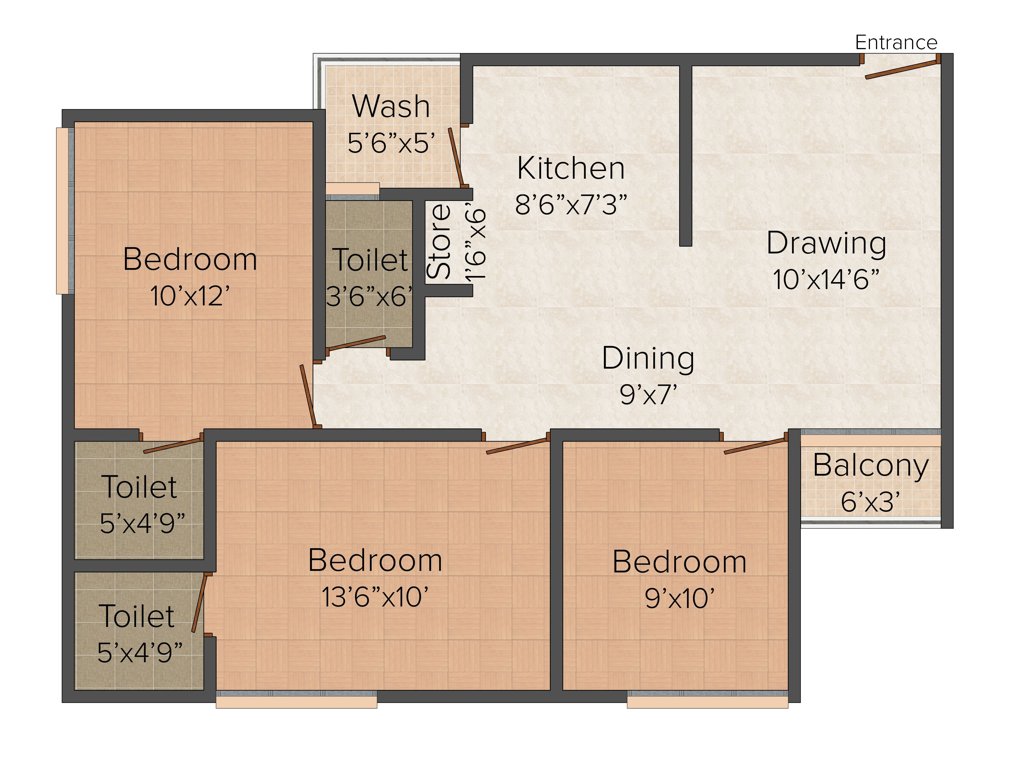 Ashraya Ashraya 9 (3BHK+3T (1,305 sq ft) 1305 sq ft)