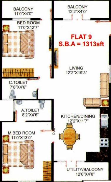 PNR Ushodaya Trinity (2BHK+2T (1,313 sq ft) 1313 sq ft)