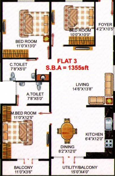 PNR Ushodaya Trinity (3BHK+2T (1,355 sq ft) 1355 sq ft)