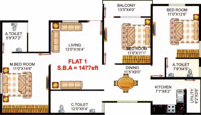 PNR Ushodaya Trinity (3BHK+3T (1,477 sq ft) 1477 sq ft)