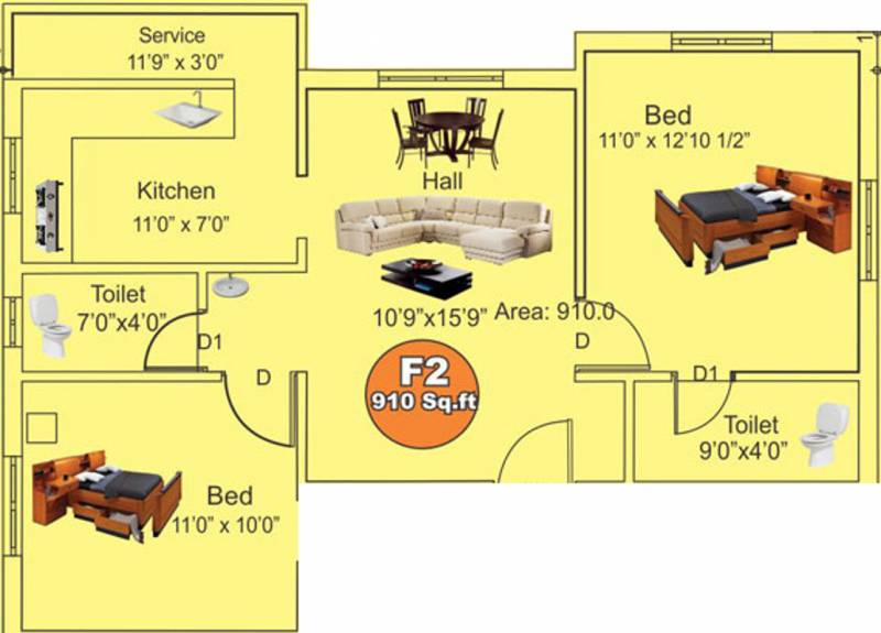 Sathyam property Srivari Floor Plan (2BHK+2T (910 sq ft) 910 sq ft)