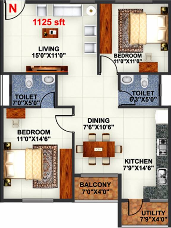 Akshaya Regalia (2BHK+2T (1,125 sq ft) 1125 sq ft)
