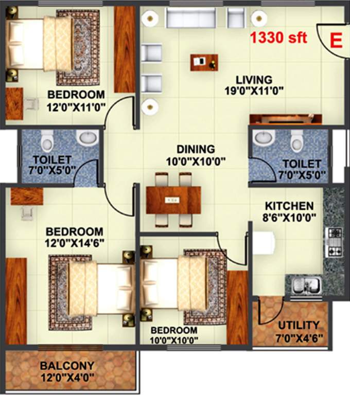 Akshaya Regalia (3BHK+2T (1,330 sq ft) 1330 sq ft)