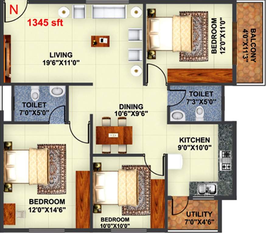 Akshaya Regalia (3BHK+2T (1,345 sq ft) 1345 sq ft)