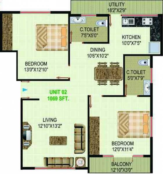 Aikya Homes Blossom (2BHK+2T (1,069 sq ft) 1069 sq ft) Aikya Homes Blossom (2BHK+2T (1,069 sq ft) 1069 sq ft)