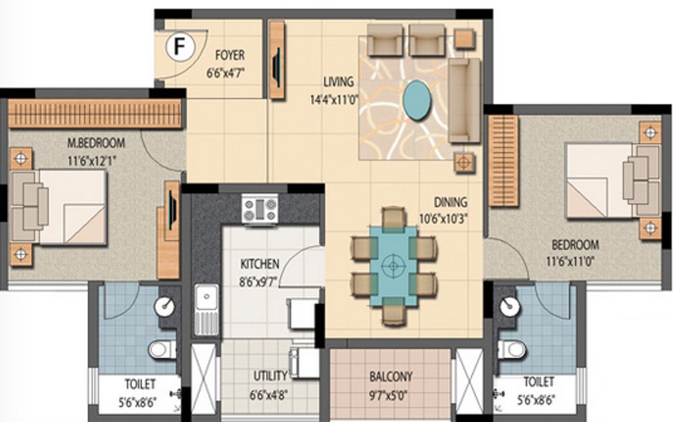 Prestige Sunnyside (2BHK+2T (1,218 sq ft) 1218 sq ft)