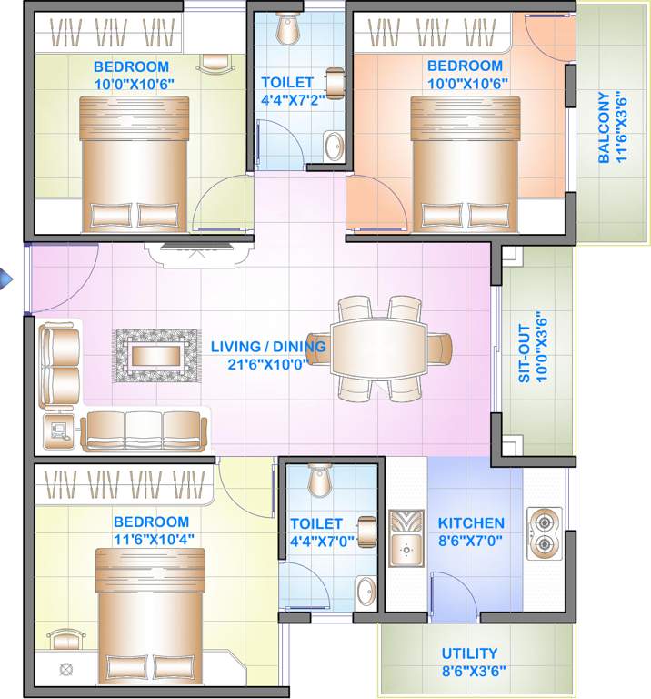 Celebrity Square (3BHK+2T (1,052 sq ft) 1052 sq ft)