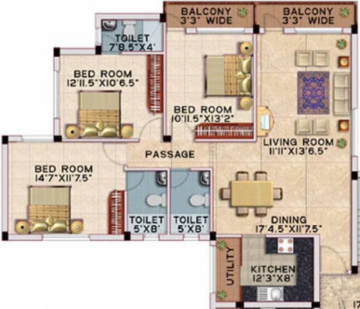 Deccan Estates All Seaons Floor Plan (3BHK+3T (1,227 sq ft) 1227 sq ft)