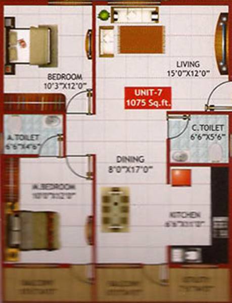 i1 Sri Ram Vrindavan Floor Plan (2BHK+2T (1,075 sq ft) 1075 sq ft)