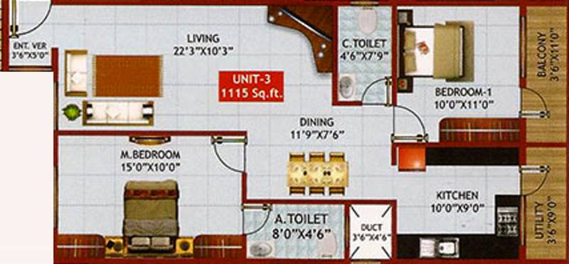 i1 Sri Ram Vrindavan Floor Plan (2BHK+2T (1,115 sq ft) 1115 sq ft)