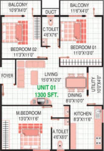 Laavanya May Flower Reisdency (3BHK+2T (1,300 sq ft) 1300 sq ft)