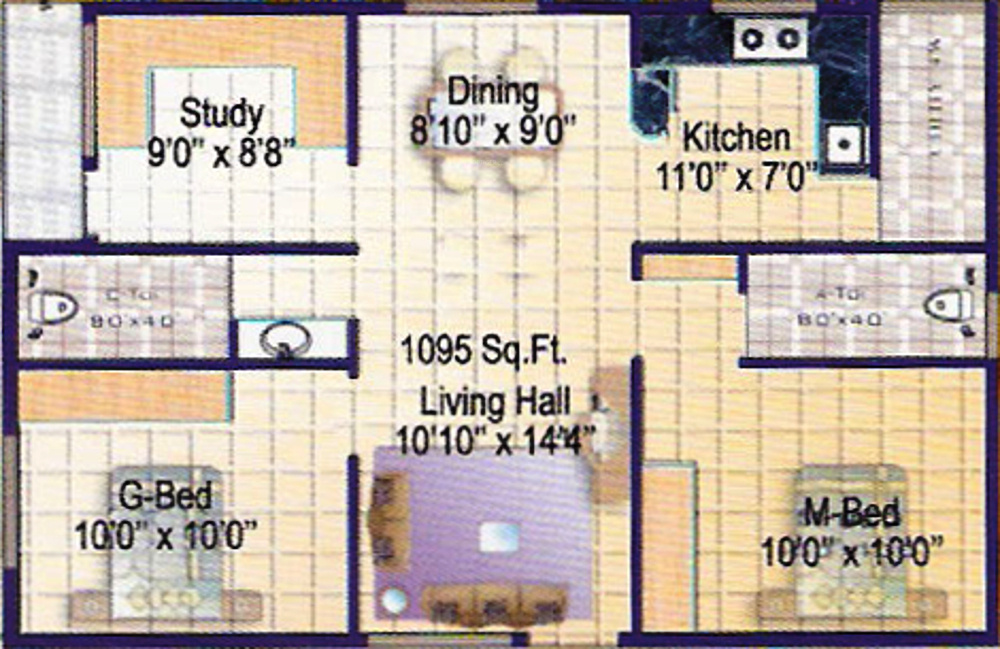 Sri Chowdeshwari Builders Thirumala Lotus Floor Plan (2BHK+2T (1,095 sq ft) + Study Room 1095 sq ft)