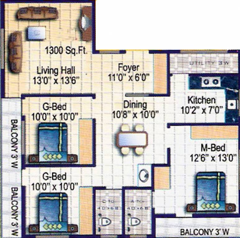 Floor Plan (3BHK+2T (1,300 sq ft) 1300 sq ft) Sri Chowdeshwari Builders Thirumala Lotus Floor Plan (3BHK+2T (1,300 sq ft) 1300 sq ft)