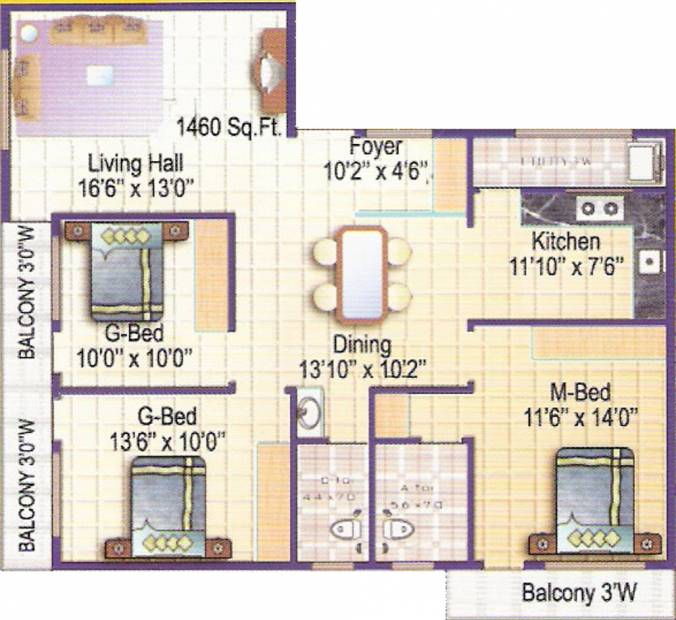 Sri Chowdeshwari Builders Thirumala Lotus Floor Plan (3BHK+2T (1,460 sq ft) 1460 sq ft)