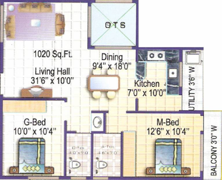 Sri Chowdeshwari Builders Thirumala Lotus Floor Plan (2BHK+2T (1,020 sq ft) 1020 sq ft)