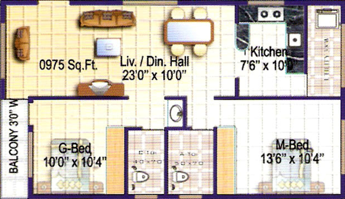 Floor Plan (2BHK+2T (975 sq ft) 975 sq ft) Sri Chowdeshwari Builders Thirumala Lotus Floor Plan (2BHK+2T (975 sq ft) 975 sq ft)