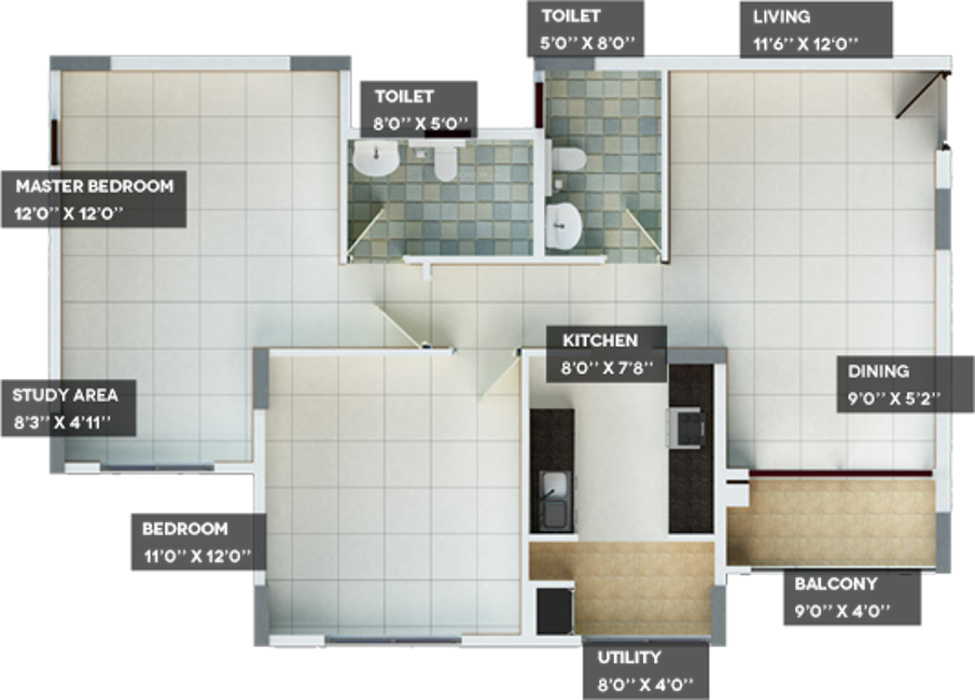 Provident Skyworth (2BHK+2T (1,093 sq ft) + Study Room 1093 sq ft)