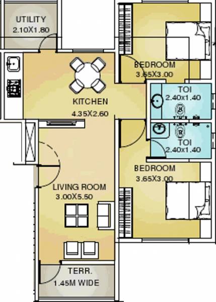 Floor Plan (2BHK+2T (980 sq ft) 980 sq ft) Paradigm Developers Pearl Floor Plan (2BHK+2T (980 sq ft) 980 sq ft)