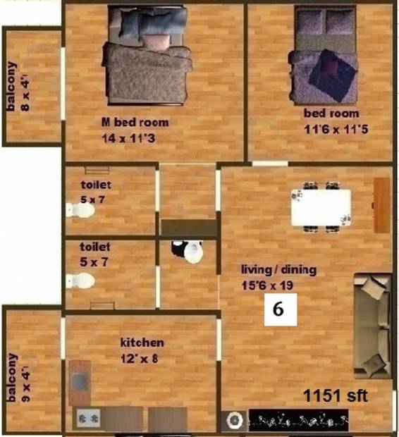 Venkatasai Land Ridge Floor Plan (2BHK+2T (1,151 sq ft) 1151 sq ft)