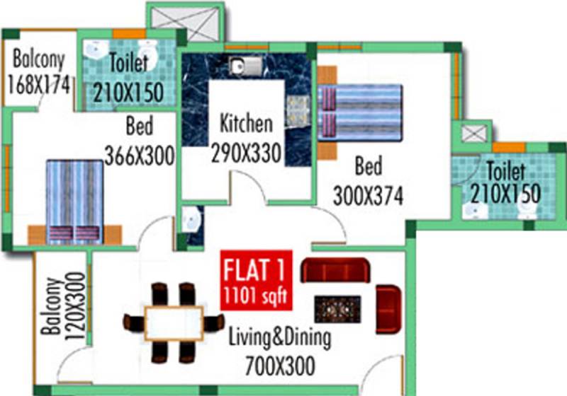 Capital Melody Floor Plan (2BHK+2T (1,101 sq ft) 1101 sq ft)