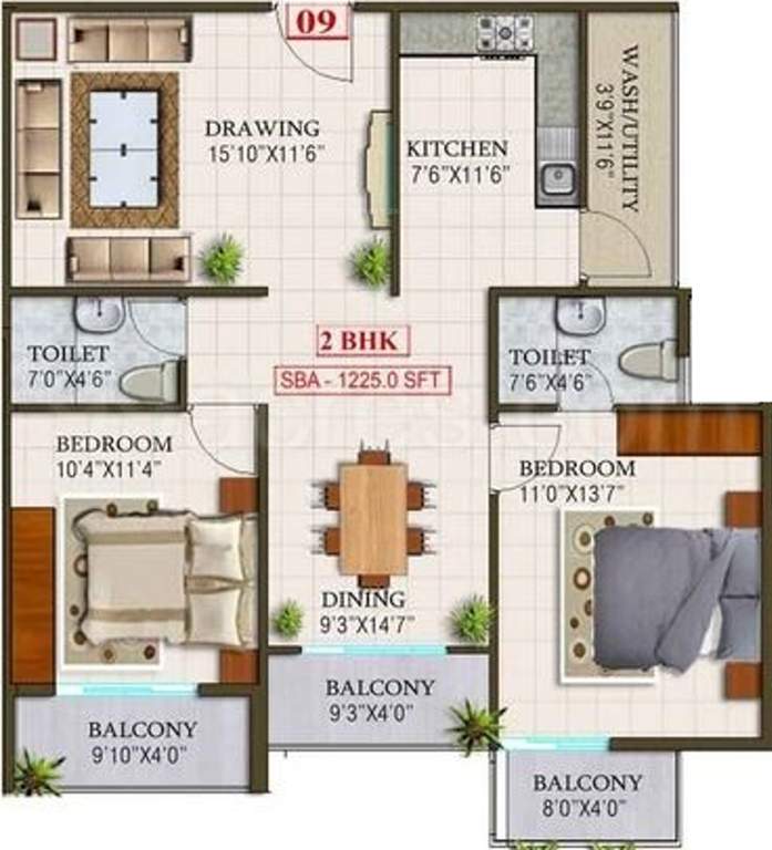 LVS Gardenia Phase I (2BHK+2T (1,225 sq ft) 1225 sq ft)