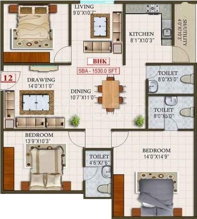 LVS Gardenia Phase I (3BHK+3T (1,530 sq ft) 1530 sq ft)