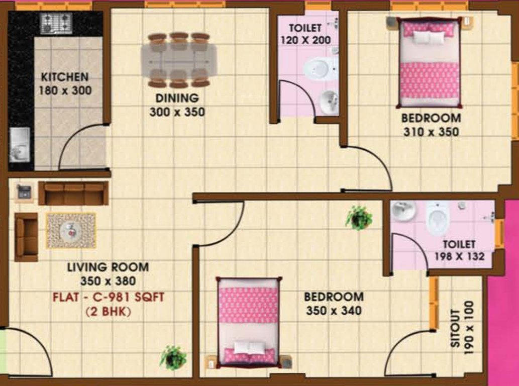 New Line Builders And Developers Rose Apartments (2BHK+2T (981 sq ft) 981 sq ft)