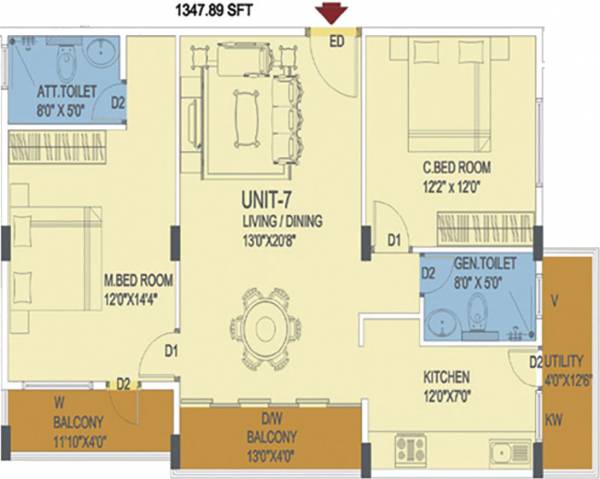 Prasiddhi Commanders Pinnacle Floor Plan (2BHK+2T (1,347 sq ft) 1347 sq ft)