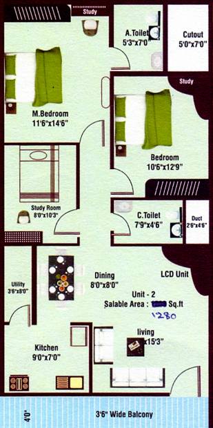  SM Sai Residency (3BHK+2T (1,280 sq ft) 1280 sq ft)