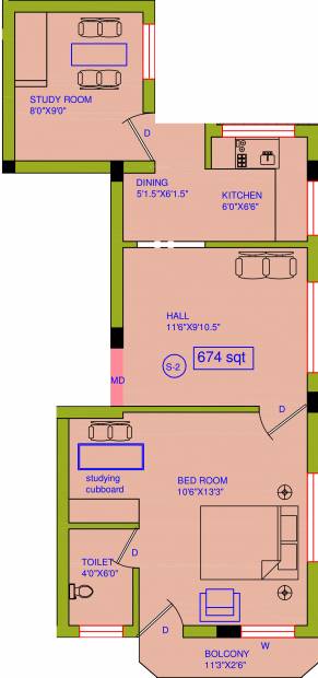 Sekaran Carlton House (1BHK+1T (674 sq ft) + Study Room 674 sq ft)