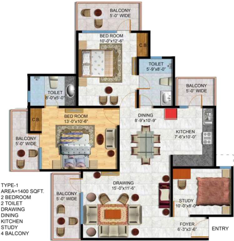 Kingswood Court (2BHK+2T (1,400 sq ft)   Study Room 1400 sq ft)