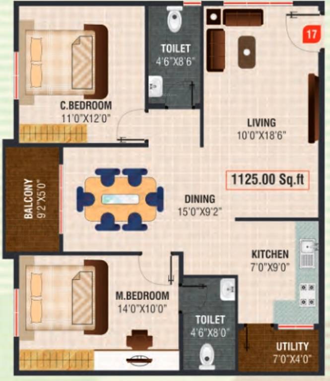 Developers Sarovar (2BHK+2T (1,125 sq ft) 1125 sq ft)