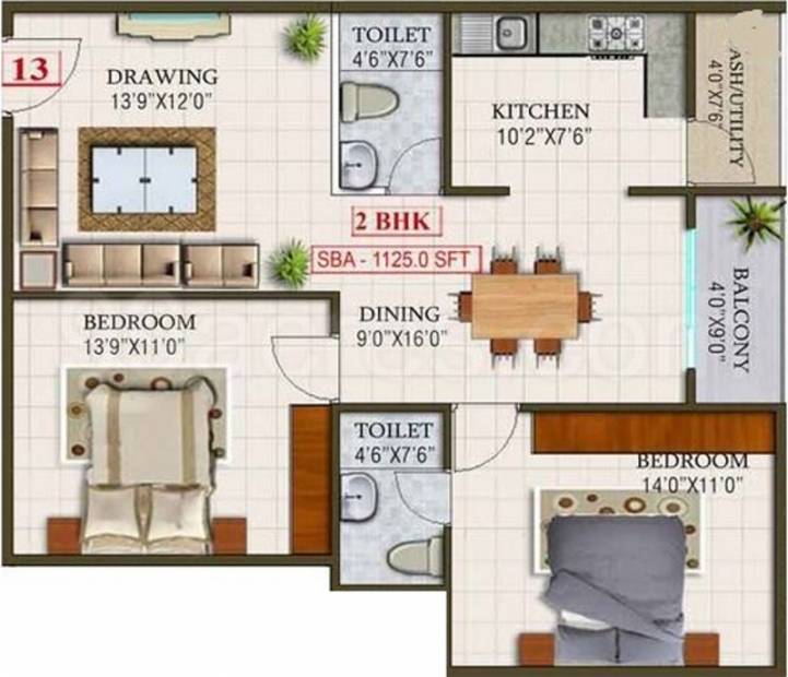 LVS Gardenia Phase I (2BHK+2T (1,125 sq ft) 1125 sq ft)